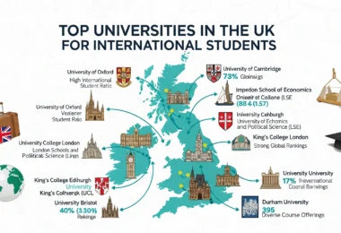 Top Universities in the UK for International Students Introduction The United Kingdom has long been a favored destination for international students seeking high-quality education, rich cultural experiences, and global recognition. With prestigious institutions like Oxford, Cambridge, and Imperial College London, the UK offers programs that cater to nearly every academic interest, from business and engineering to arts and social sciences. As a study abroad consultant with over a decade of experience, I have guided hundreds of students to choose the right UK university. Selecting the right institution is not just about reputation; it’s about aligning programs, scholarships, campus culture, and career opportunities to your personal and professional goals. In this guide, I’ll share insights on the top UK universities, the courses they excel in, scholarship options, and practical tips for a successful international study experience. Why Study in the UK? Studying in the UK provides international students with world-class education and career advantages. Here’s why it’s a top choice: Academic Excellence – UK universities consistently rank among the top globally. Courses emphasize critical thinking, research, and practical application, equipping students for successful careers. Shorter Programs – Many bachelor’s programs are three years and master’s programs one year, offering a cost-efficient path to high-quality degrees. Cultural Exposure – The UK is culturally diverse. Students interact with peers from all over the world, learning to navigate global environments and broaden their perspectives. Research & Innovation – From medical research to AI, UK universities are at the forefront of innovation. Many institutions collaborate with global industries, providing hands-on experience. Career Opportunities – Post-study work visas and strong alumni networks help graduates secure employment in the UK or internationally. Top Universities for International Students Here’s a detailed look at some of the best universities in the UK for international students: 1. University of Oxford Focus Areas: Humanities, Sciences, Business, Medicine Highlights: Oxford is synonymous with academic excellence. International students benefit from world-class faculty, small tutorial groups, and abundant research resources. Consultant Tip: Tailor your personal statement to show intellectual curiosity and leadership potential. Scholarships are competitive, so apply early. 2. University of Cambridge Focus Areas: Science, Engineering, Humanities, Social Sciences Highlights: Cambridge offers a rigorous academic environment with a strong focus on research and analytical skills. Its colleges provide tight-knit communities that support international students. Consultant Tip: Highlight specific academic interests and any research experience to stand out in your application. 3. Imperial College London Focus Areas: Engineering, Medicine, Business, Science Highlights: Known for STEM excellence, Imperial fosters innovation and entrepreneurship. Students gain access to cutting-edge labs and industry partnerships. Consultant Tip: Emphasize achievements in STEM projects or competitions and demonstrate problem-solving skills. 4. London School of Economics and Political Science (LSE) Focus Areas: Economics, Politics, Law, Social Sciences Highlights: LSE is ideal for students pursuing social sciences and international relations. Its global network and city location provide unmatched internship and career opportunities. Consultant Tip: Showcase analytical thinking, leadership, and global awareness in your application. 5. University College London (UCL) Focus Areas: Arts, Humanities, Engineering, Sciences Highlights: UCL combines a diverse student population with research-driven programs. Its central London location allows access to cultural and professional opportunities. Consultant Tip: Highlight interdisciplinary projects and adaptability to diverse environments. 6. University of Edinburgh Focus Areas: Medicine, Engineering, Humanities, Social Sciences Highlights: Edinburgh offers a strong blend of research and practical experience. International students enjoy vibrant city life and cultural richness. Consultant Tip: Emphasize motivation for your chosen field and interest in contributing to campus communities. 7. University of Manchester Focus Areas: Business, Engineering, Life Sciences, Social Sciences Highlights: Manchester combines top-tier research facilities with diverse student experiences. Strong alumni networks support career development globally. Consultant Tip: Apply for scholarships early and highlight teamwork or project leadership skills. 8. King’s College London Focus Areas: Medicine, Law, Humanities, Social Sciences Highlights: King’s College London provides cutting-edge research and professional programs. Its healthcare and law departments are particularly renowned. Consultant Tip: Prepare a compelling personal statement and secure strong academic references. 9. University of Warwick Focus Areas: Business, Economics, Engineering, Sciences Highlights: Warwick is known for innovative teaching methods and strong industry connections. International students benefit from its vibrant student life and career support. Consultant Tip: Highlight analytical and leadership skills, and explore internship opportunities. 10. University of Bristol Focus Areas: Engineering, Science, Arts, Social Sciences Highlights: Bristol offers research-driven programs and a multicultural campus. It provides strong career services and international student support. Consultant Tip: Demonstrate initiative in projects, community involvement, or research experience. Scholarships and Financial Support Studying in the UK can be expensive, but numerous scholarships make it achievable for international students: Chevening Scholarships – Fully funded scholarships for master’s programs. Commonwealth Scholarships – Support students from Commonwealth countries. University-Specific Scholarships – Merit-based or need-based funding from each institution. Consultant Advice: Apply early, maintain strong academic performance, and tailor scholarship applications to highlight your achievements and future goals. Combining multiple funding sources can cover tuition and living costs effectively. Student Life in the UK Life in the UK is dynamic and enriching: Cultural Exposure: Experience local traditions, festivals, and global events. Student Societies: Join clubs for sports, arts, academics, or cultural activities. Networking Opportunities: Attend seminars, career fairs, and workshops to build professional networks. Consultant Insight: Active participation in student life enhances language skills, soft skills, and overall personal growth. Tips for International Students Start Early: Research programs 12–18 months in advance. Prepare Standardized Tests: Some programs require IELTS, TOEFL, or GRE/GMAT. Documentation: Keep academic transcripts, recommendation letters, and personal essays ready. Financial Planning: Consider tuition, living expenses, and insurance while applying. Engage with Alumni: Connect with former students to understand programs and career pathways. Conclusion The United Kingdom remains one of the most attractive destinations for international students, offering high-quality education, diverse experiences, and career opportunities. By choosing the right university, leveraging scholarships, and immersing yourself in campus life, you can ensure your study abroad journey in the UK is both academically rewarding and personally enriching. As an education consultant, I recommend aligning your choices with your career goals, academic interests, and cultural preferences. Planning strategically, applying early, and engaging fully in university life will make your UK study experience truly transformative and unforgettable.